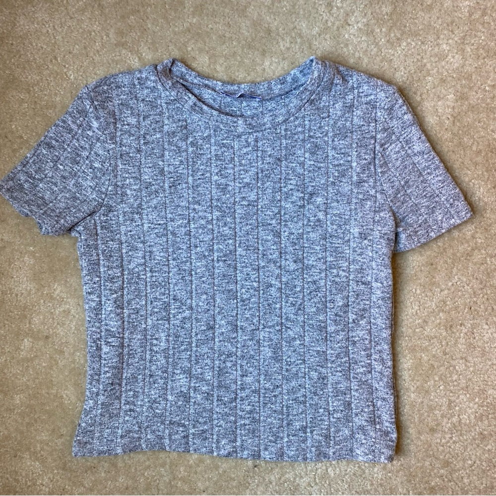 Zara Women’s Short Sleeve Ribbed Heather Gray Knit Top Medium Preppy Minimalist